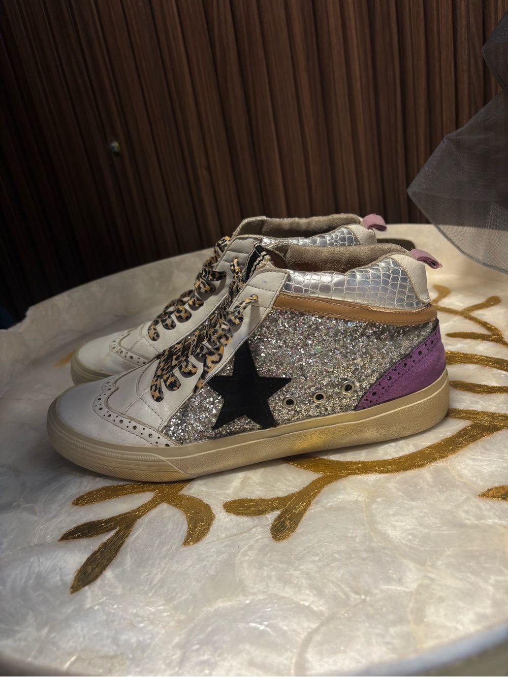 ShuShop Silver Glitter High-Top Sneakers with Black Star and Purple Heel Tab
